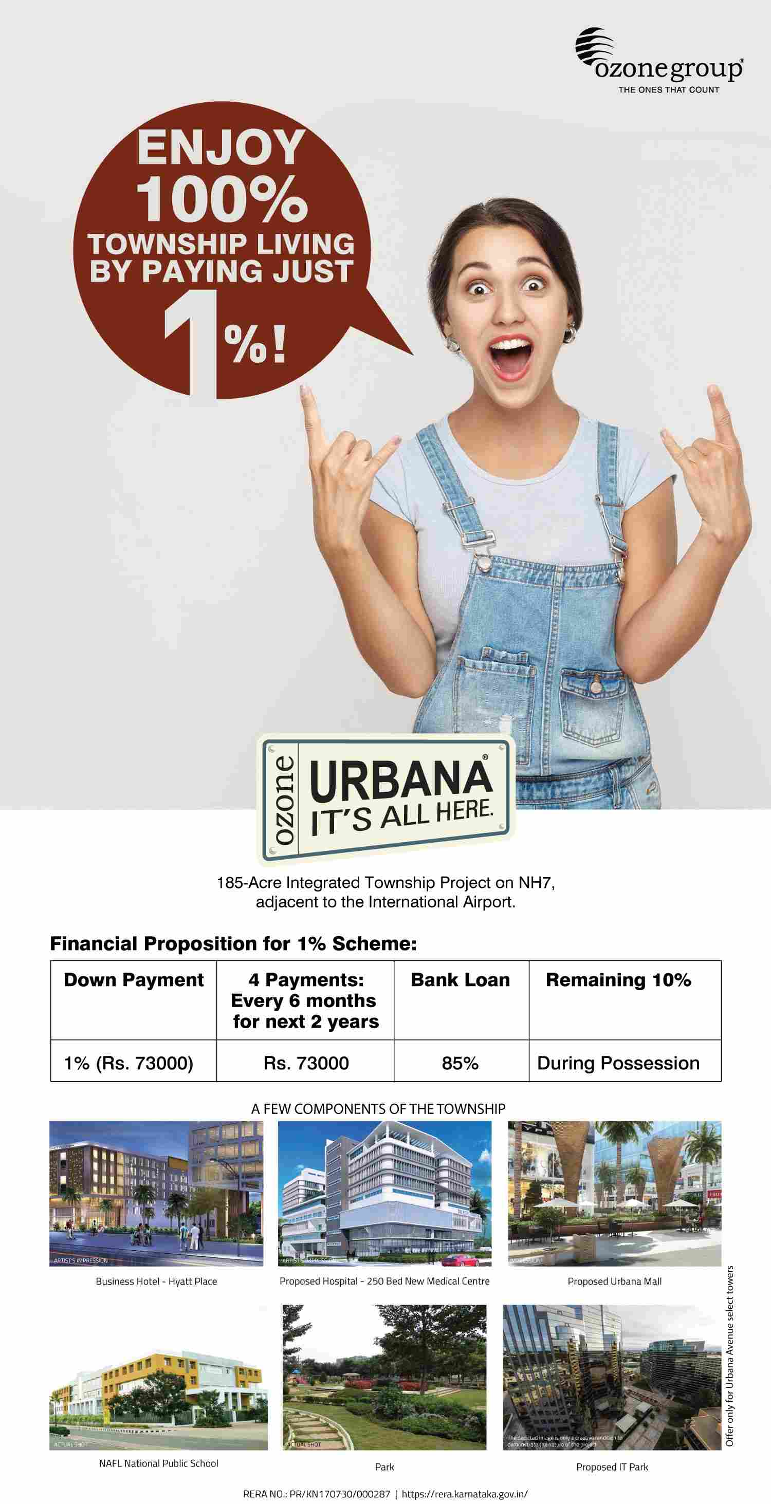 Enjoy 100% township living by paying just 1% at Ozone Urbana in Bangalore